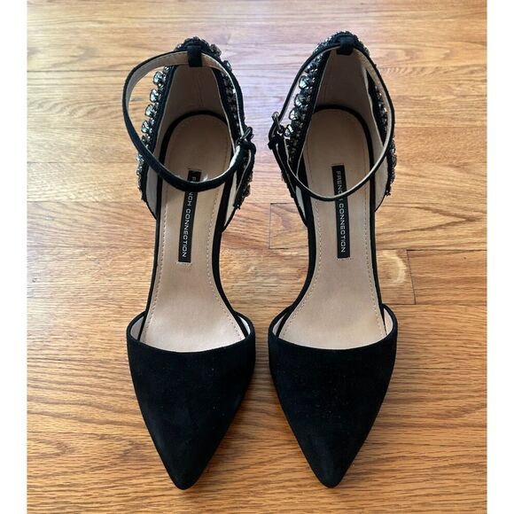 French Connection Black Suede Eleni Beaded Pointed Toe T-Strap Pumps Size 10 - Picture 10 of 10